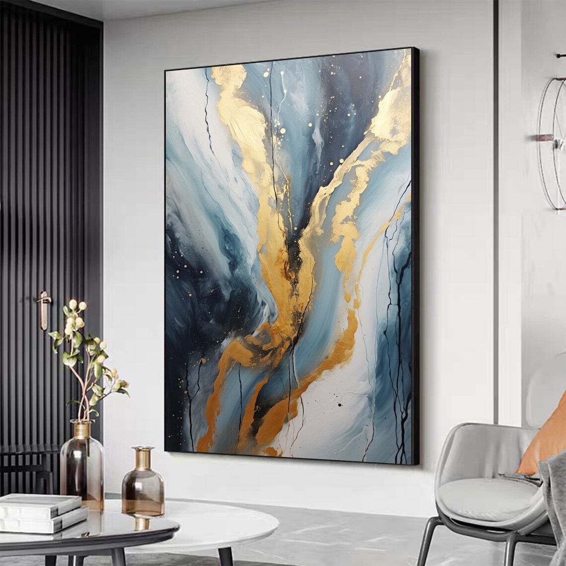 Blue Gray Gold Vein Marble Abstract Vertical Oil Painting Art Print - Image 3