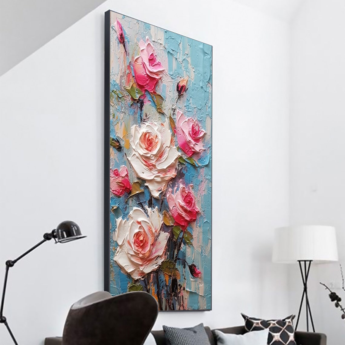 Pink and White Roses Impasto Oil Painting on Blue Canvas Poster - Image 3