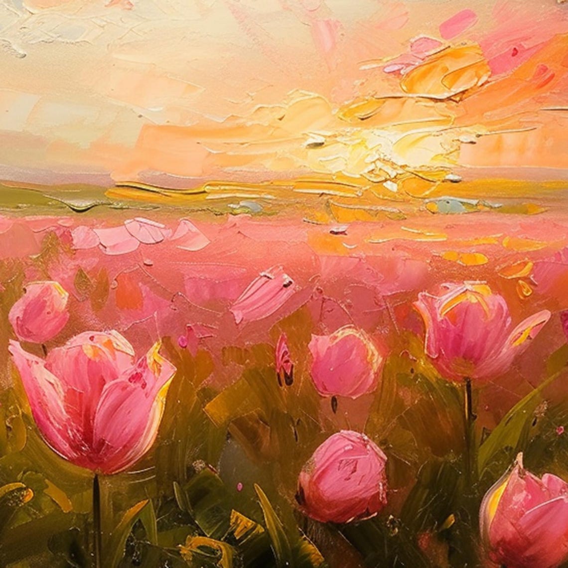Pink Tulip Field at Golden Sunset Panoramic Oil Painting Art Print - Image 4