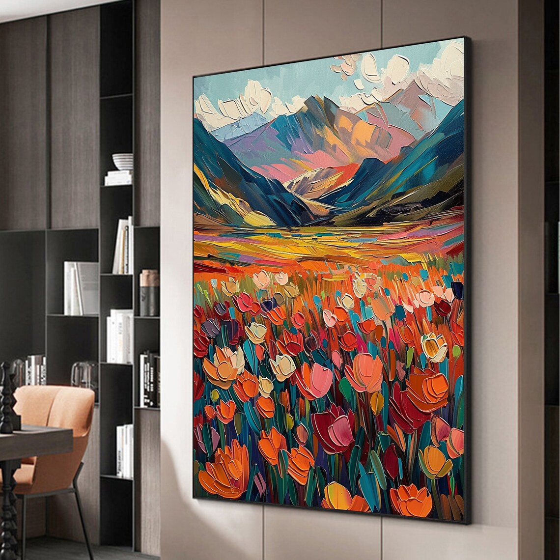 Colorful Tulip Meadow Blooming Before Majestic Mountain Peaks Poster - Image 4