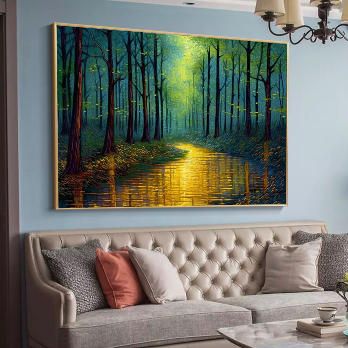 Golden River Through Dark Forest Glowing Impressionist Poster - Image 4