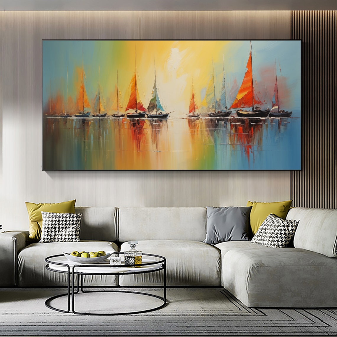 Sailboats at Sunrise Orange Sails Misty Harbor Morning Poster - Image 6