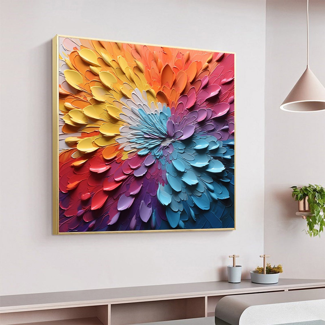 Rainbow Petal Burst 3D Palette Knife Textured Flower Abstract Poster - Image 4