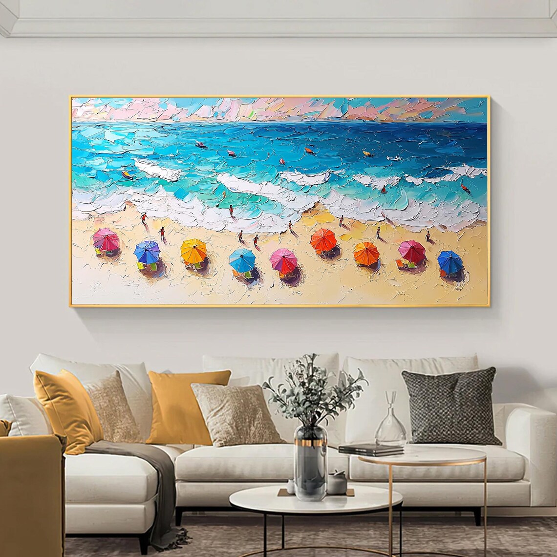 Aerial Beach Umbrellas Turquoise Sea Panoramic Oil Painting Art Print - Image 6