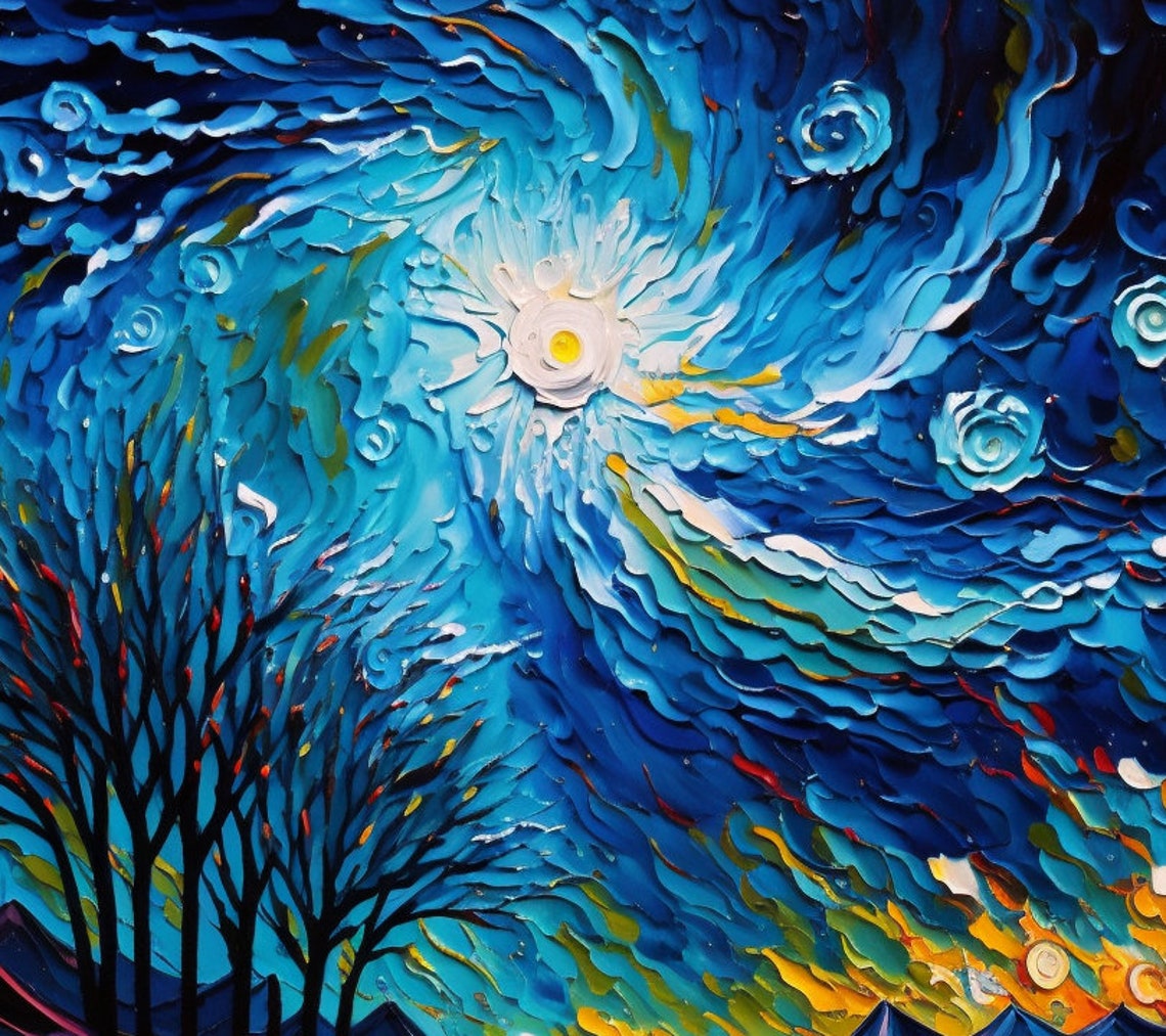 Starry Swirling Night Sky Over Mountain Landscape Impasto Poster - Image 3