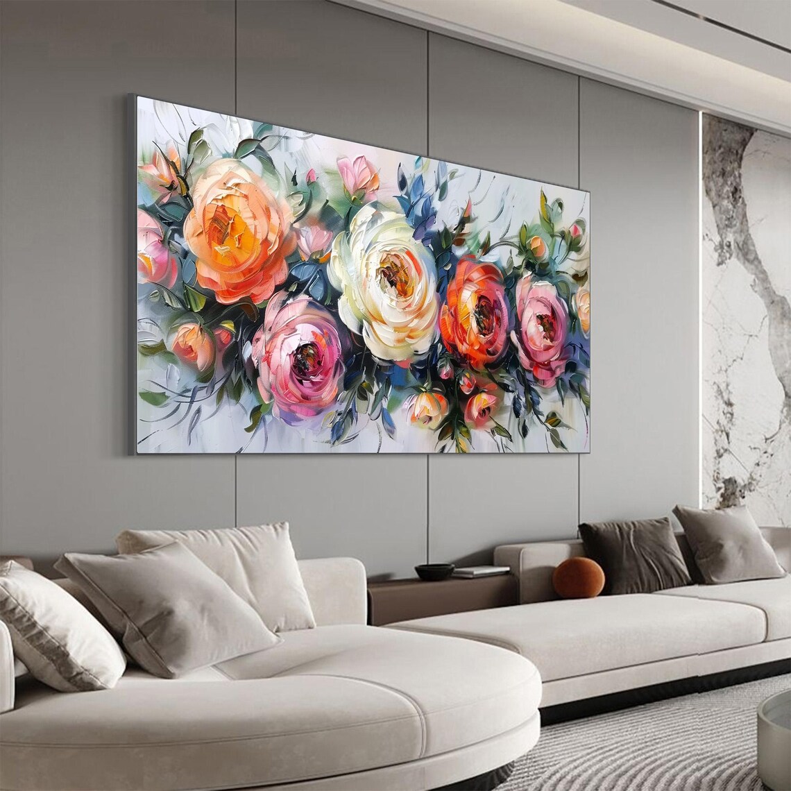 Bold Impasto Rose Bouquet on Teal Panoramic Oil Painting Art Print - Image 3