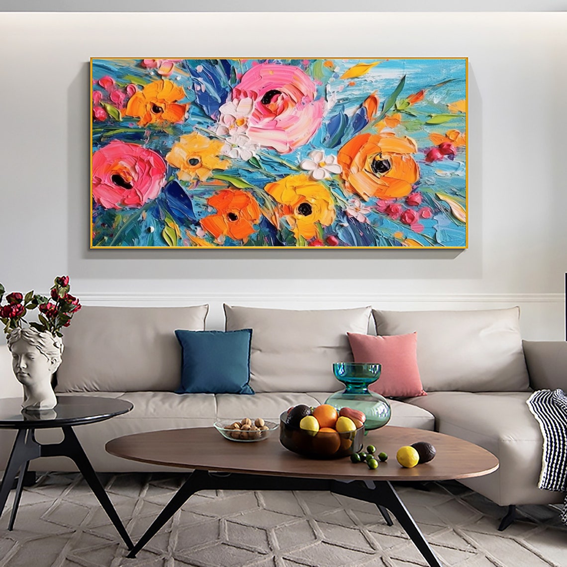 Vivid Impasto Blossoms Dancing Across a Turquoise Canvas Poster - Image 3