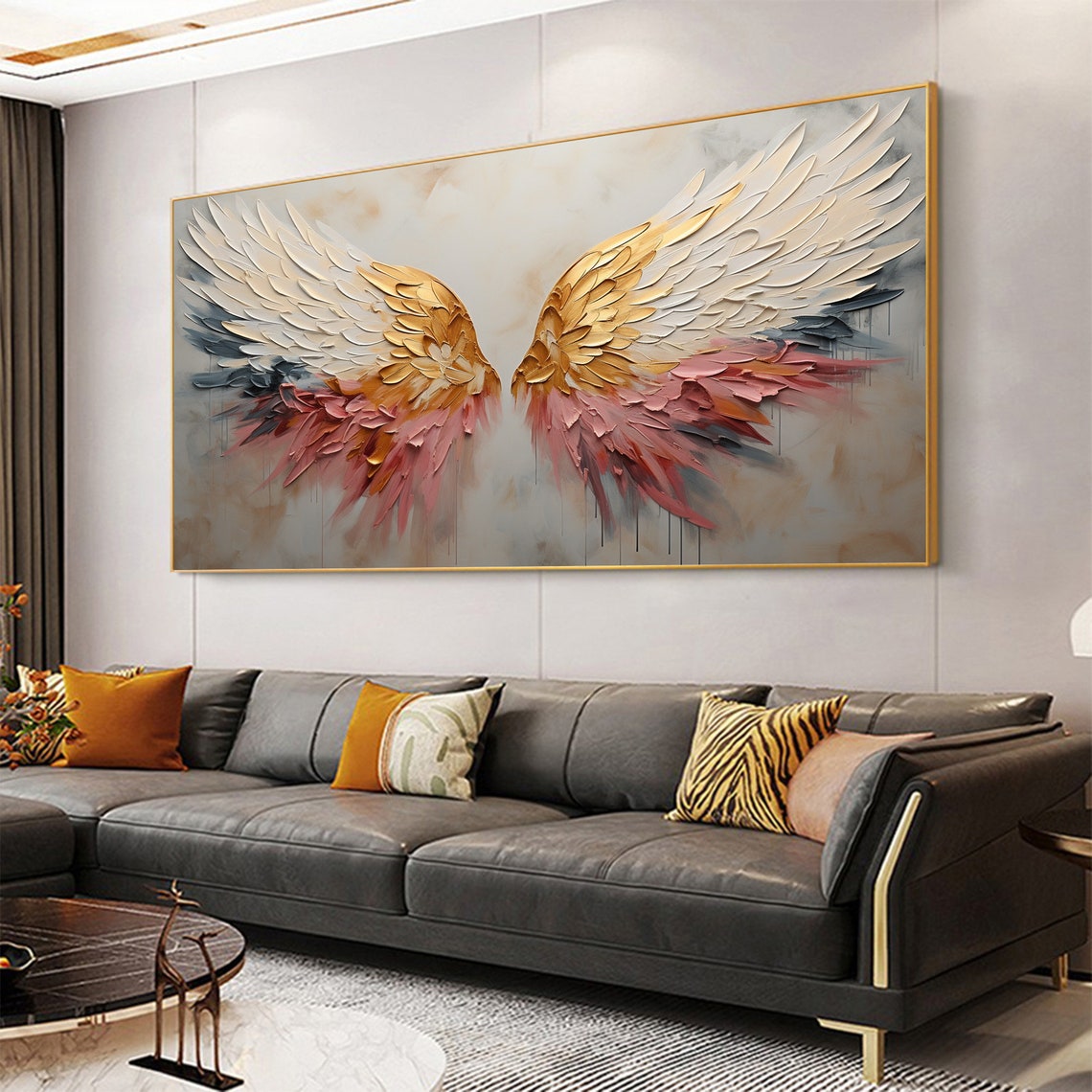 Golden White Angel Wings With Soft Blush Pink Feather Tips Poster - Image 3