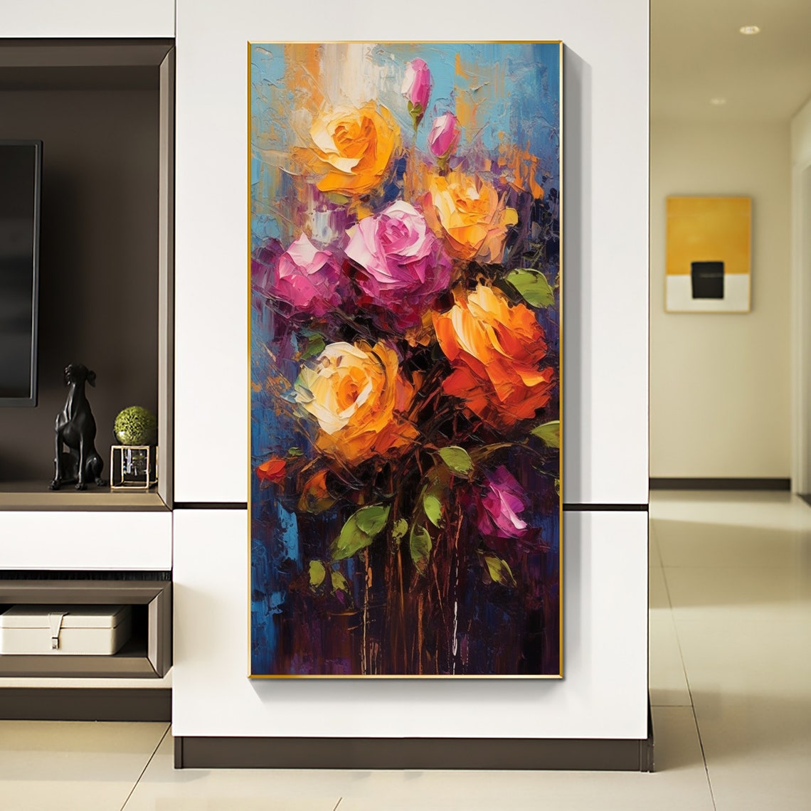 Fiery Orange Pink Roses Bouquet Vertical Oil Painting Art Print - Image 6