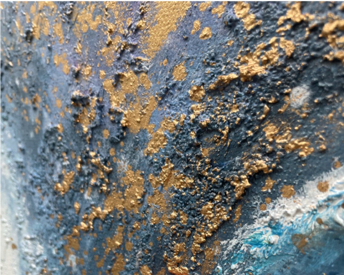 Gold Glitter Waves on Misty Blue Panoramic Oil Painting Art Print - Image 5