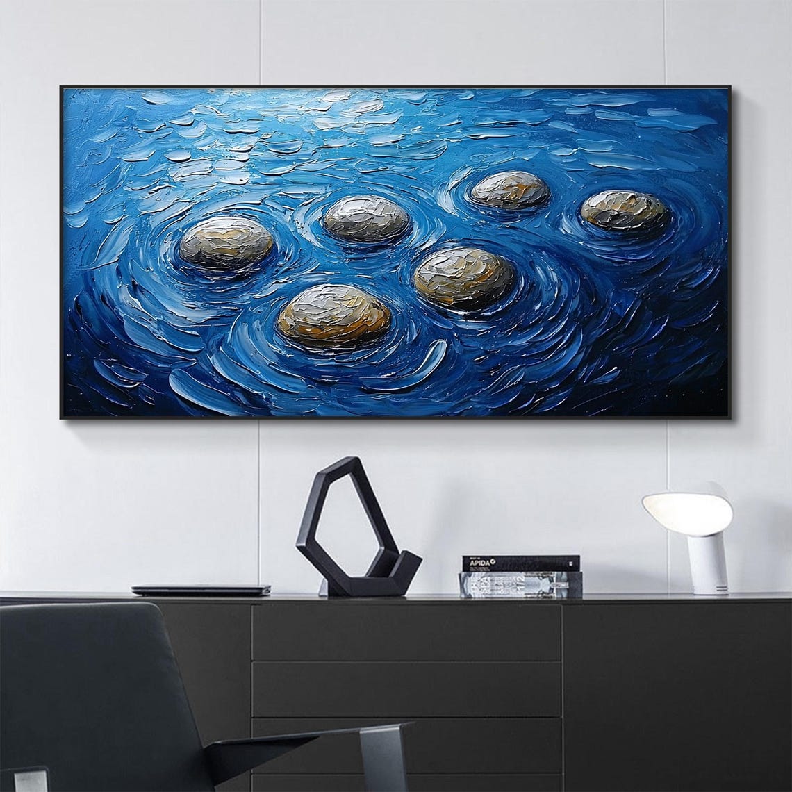 Smooth Grey Stones Rippling in Deep Blue Swirling Water Poster - Image 6