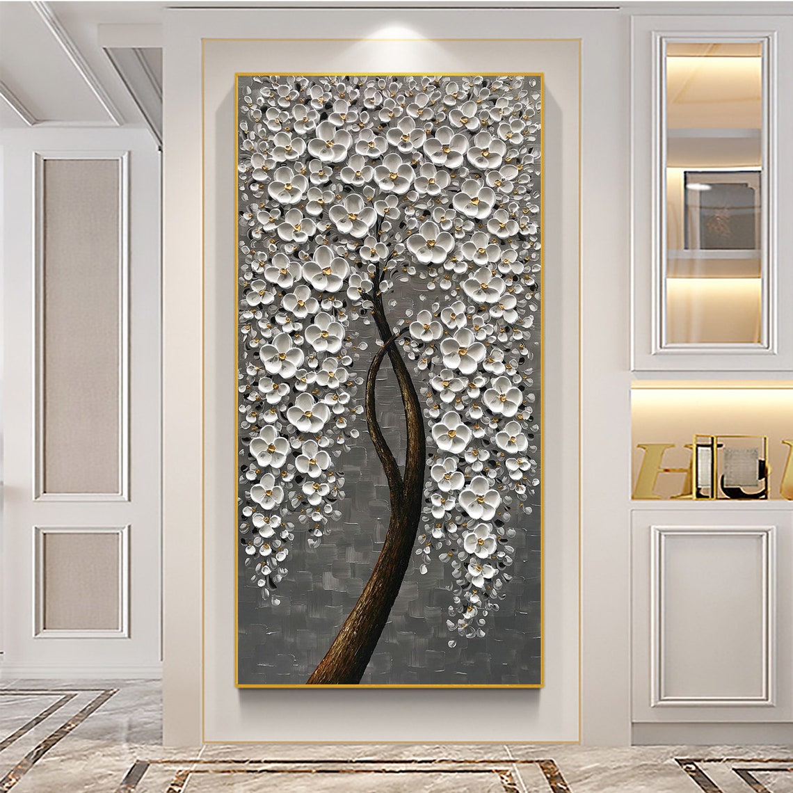 White Cherry Blossom Tree on Gray Vertical Oil Painting Art Print - Image 6