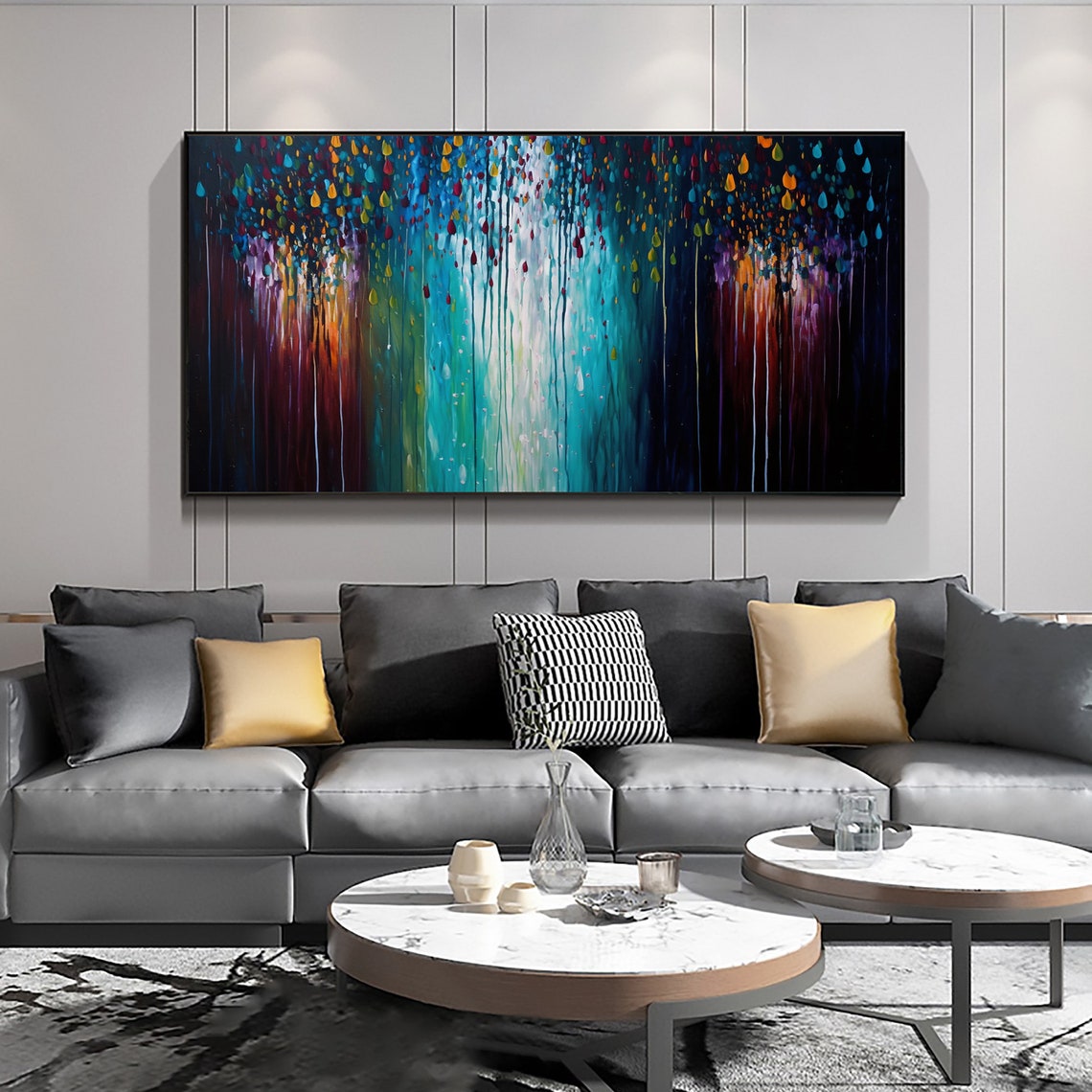 Colorful Falling Rain Abstract Panoramic Oil Painting Art Print - Image 6
