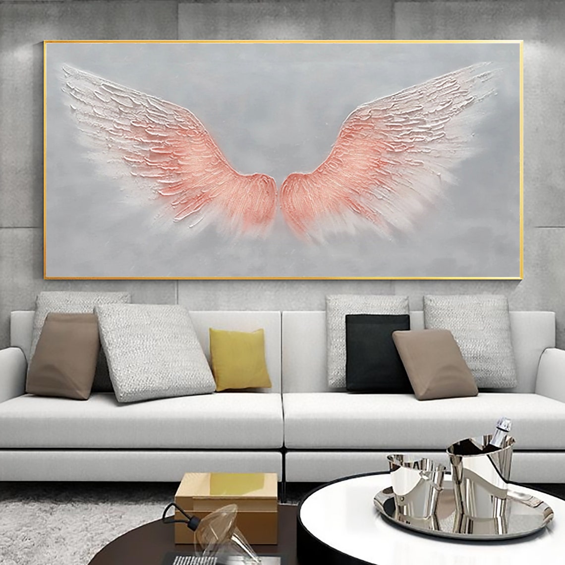 Blush Pink Angel Wings Grey Textured Minimalist Heavenly Poster - Image 2