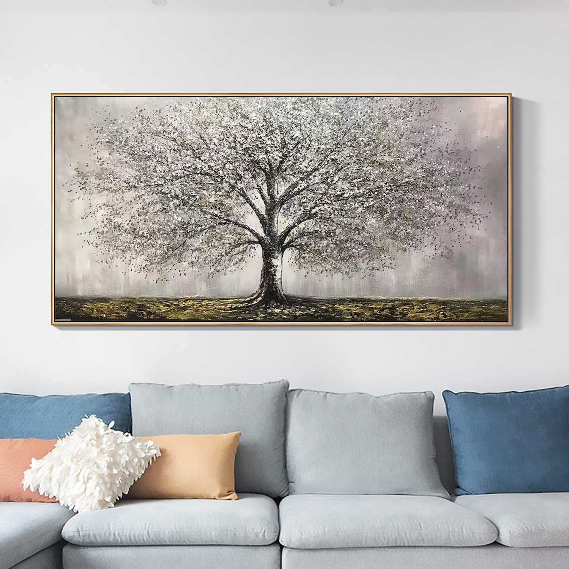 Silver Blossom Tree of Life Panoramic Oil Painting Art Print - Image 2