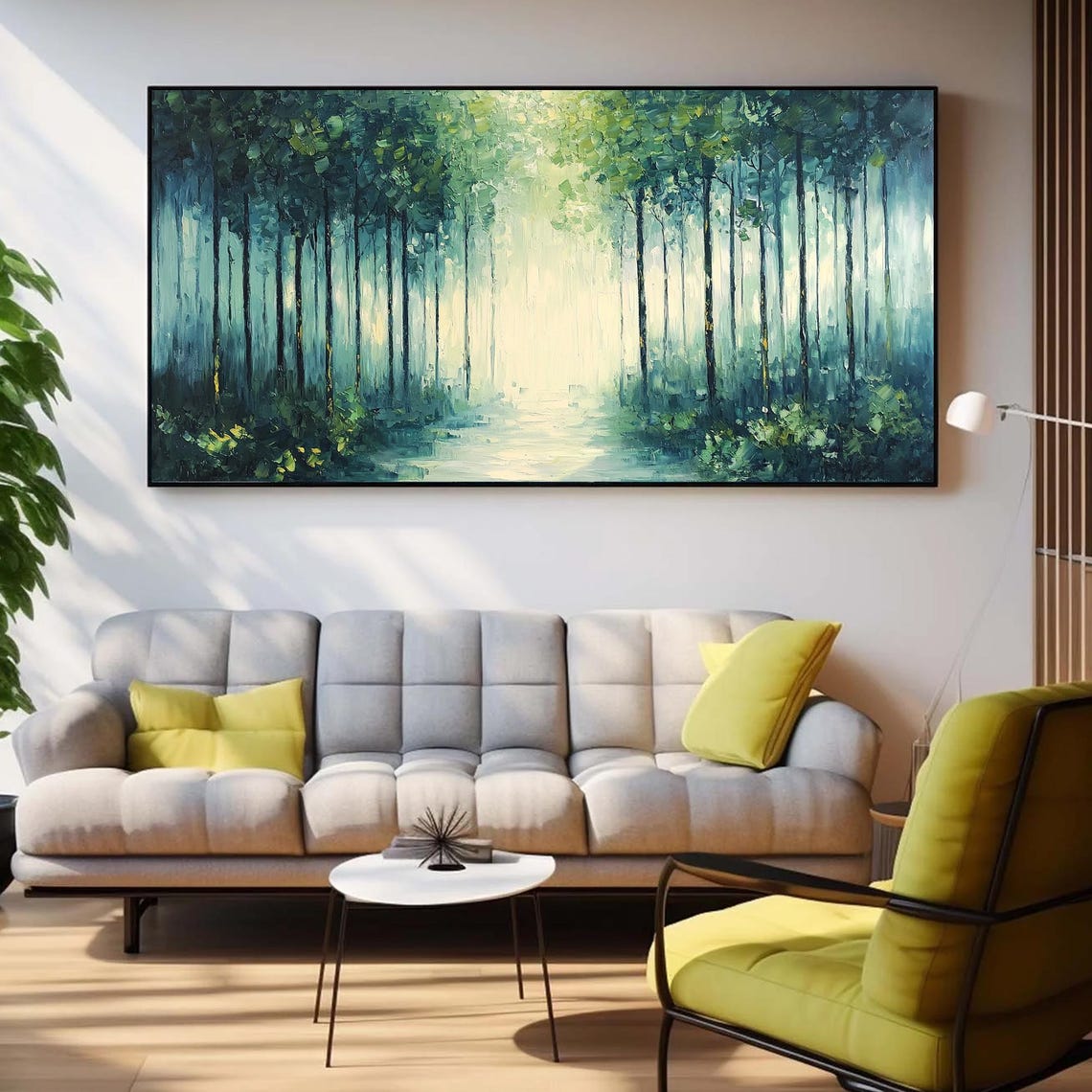 Misty Forest Path Light Beam Panoramic Oil Painting Art Print - Image 6