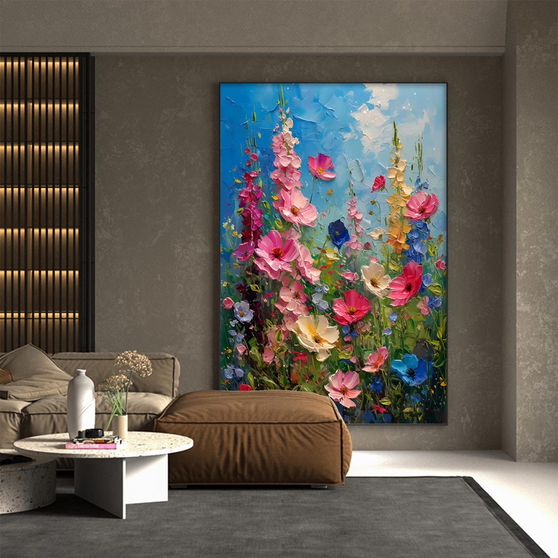 Tall Wildflower Meadow Impasto Vertical Oil Painting Art Print - Image 6