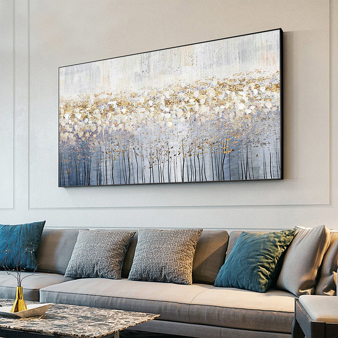 Silver Gold Birch Stems Minimalist Panoramic Oil Painting Art Print - Image 4