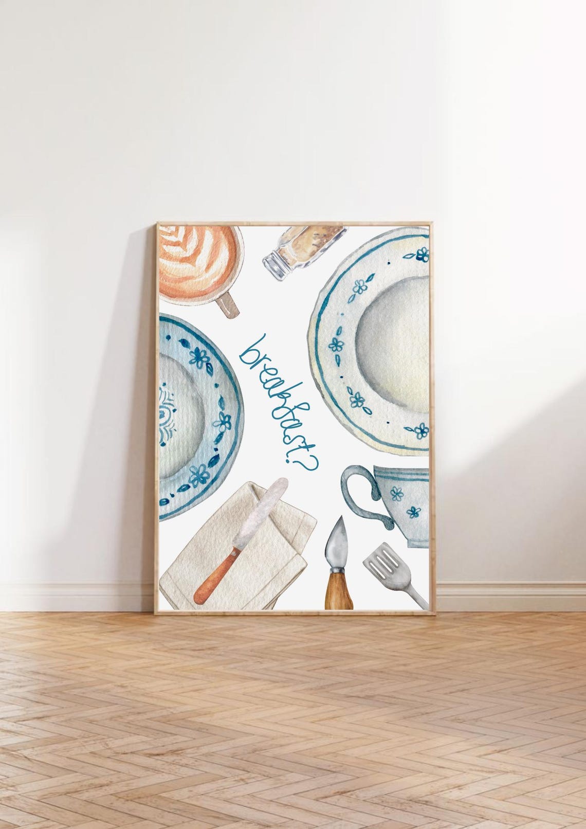 Breakfast Time Watercolor Blue Tableware Kitchen Decor Poster