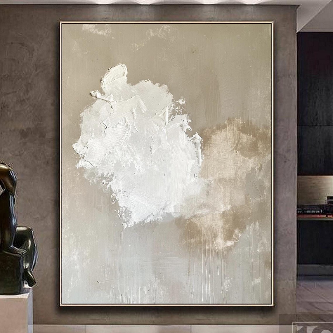 Large White Cloud Abstract Painting Neutral Beige Wall Decor White Texture Wall Art Framed Oil Painting Artwork For Living Room