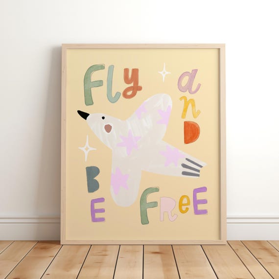 Be Free Bird Print Illustration Eco Nursery Art Kids Room Gifts For Her Flowers Colour Pop Bright