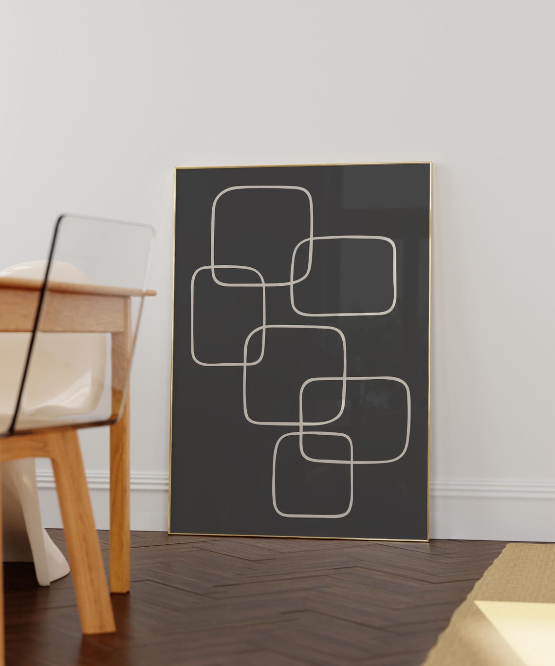 Interlinked Cream Squares on Charcoal Geometric Minimal Art Poster - Image 3
