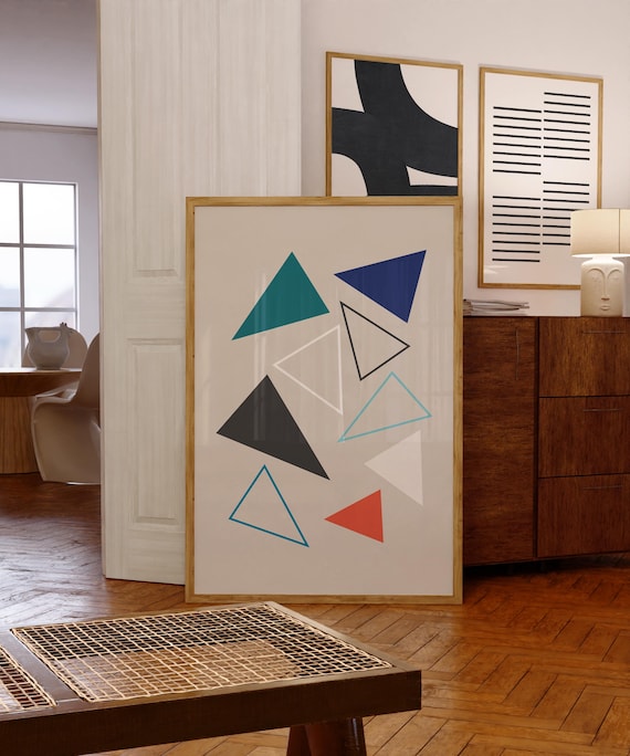 Modern Mid Century Green Red Blue Black Beige Organic Geometric Triangle Shape Minimalist Art Contemporary Abstract Art