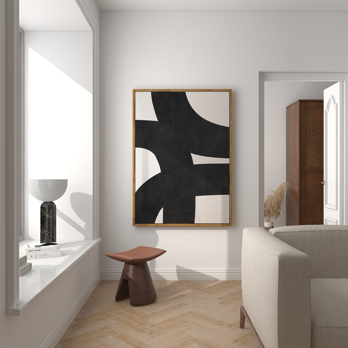 Midcentury Black Beige Lines Wall Art Print - Image 2
