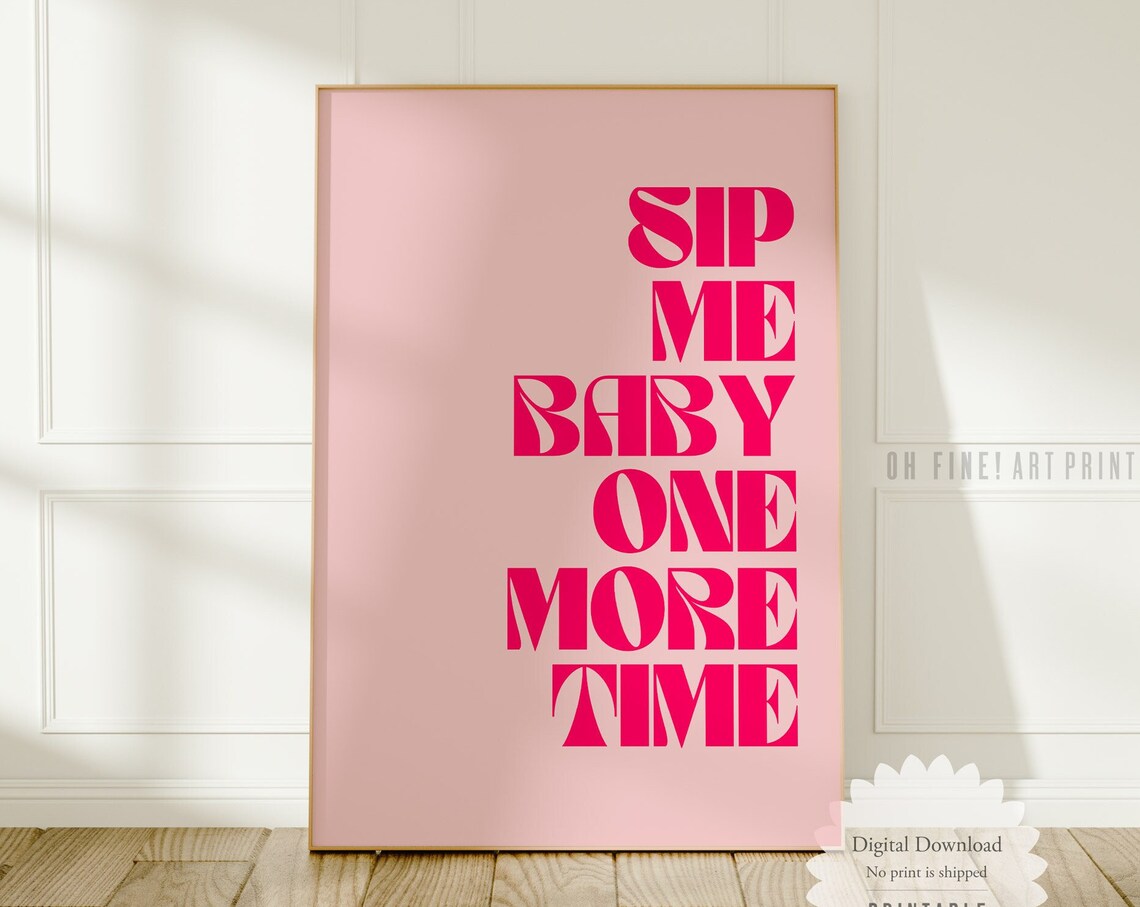 Sip Me Baby Retro Bar Cart Poster, Pink Decor