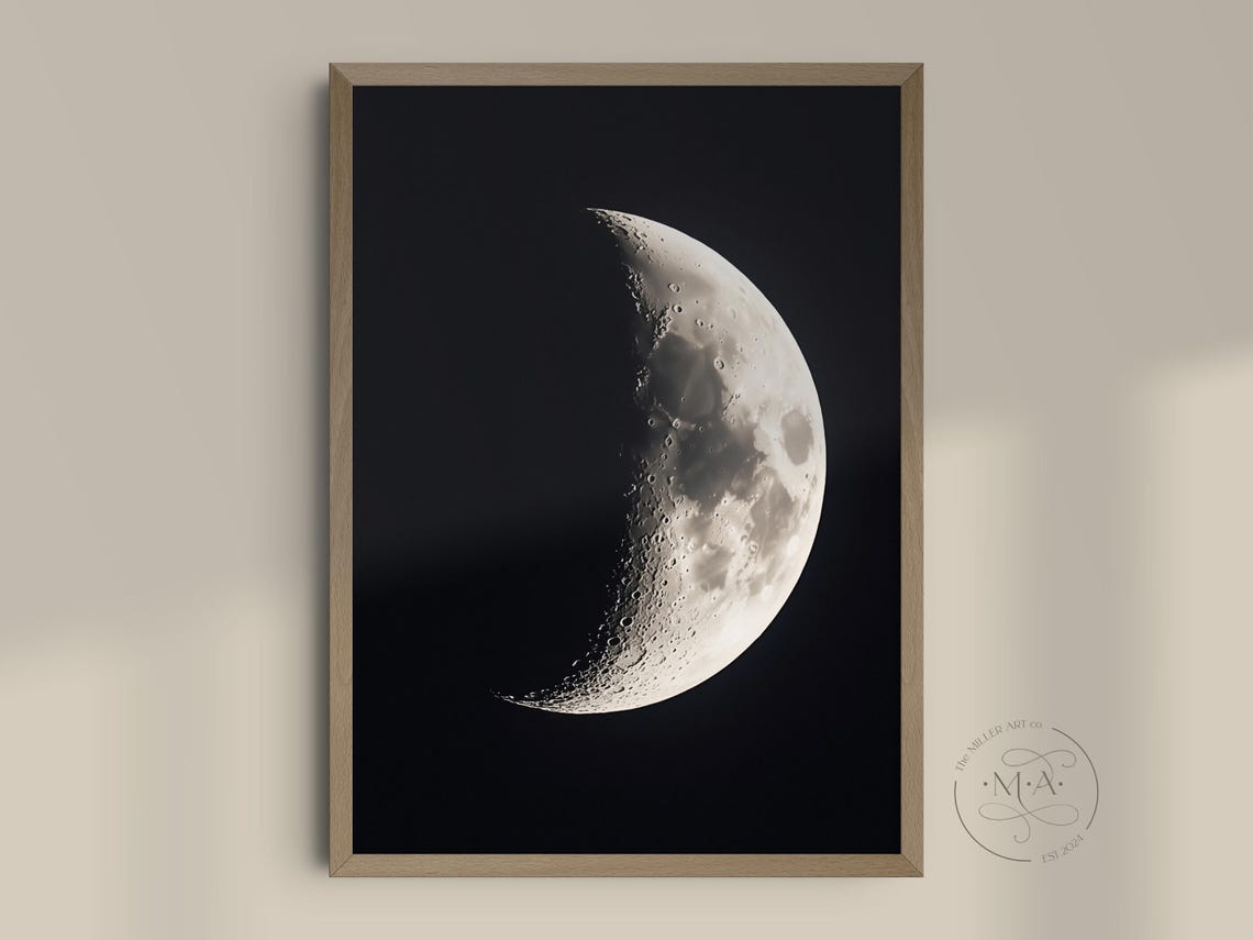 Crescent Moon Black And White Lunar Photography Night Sky Art Print