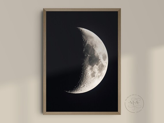 Crescent Moon Black And White Lunar Photography Night Sky Art Print