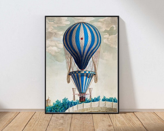 Antique Blue Air Balloon Wall Art Vintage Illustration Gameroom Playroom Bedroom Home Room Decor Mailed Print Or Instant Airb6