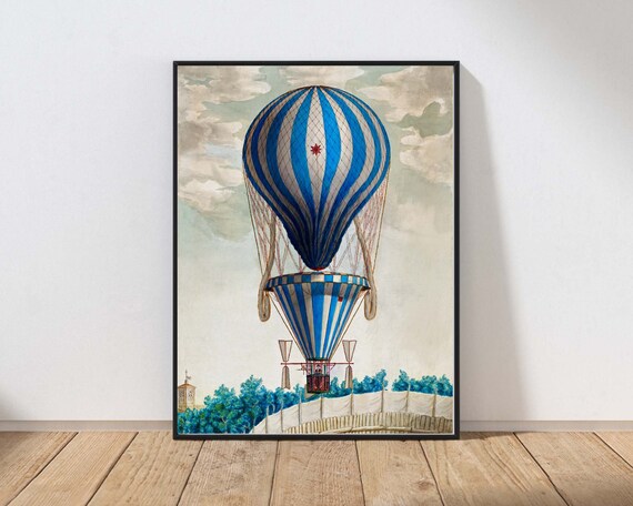 Antique Hot Air Balloon Wall Art Blue Striped Vintage Aviation