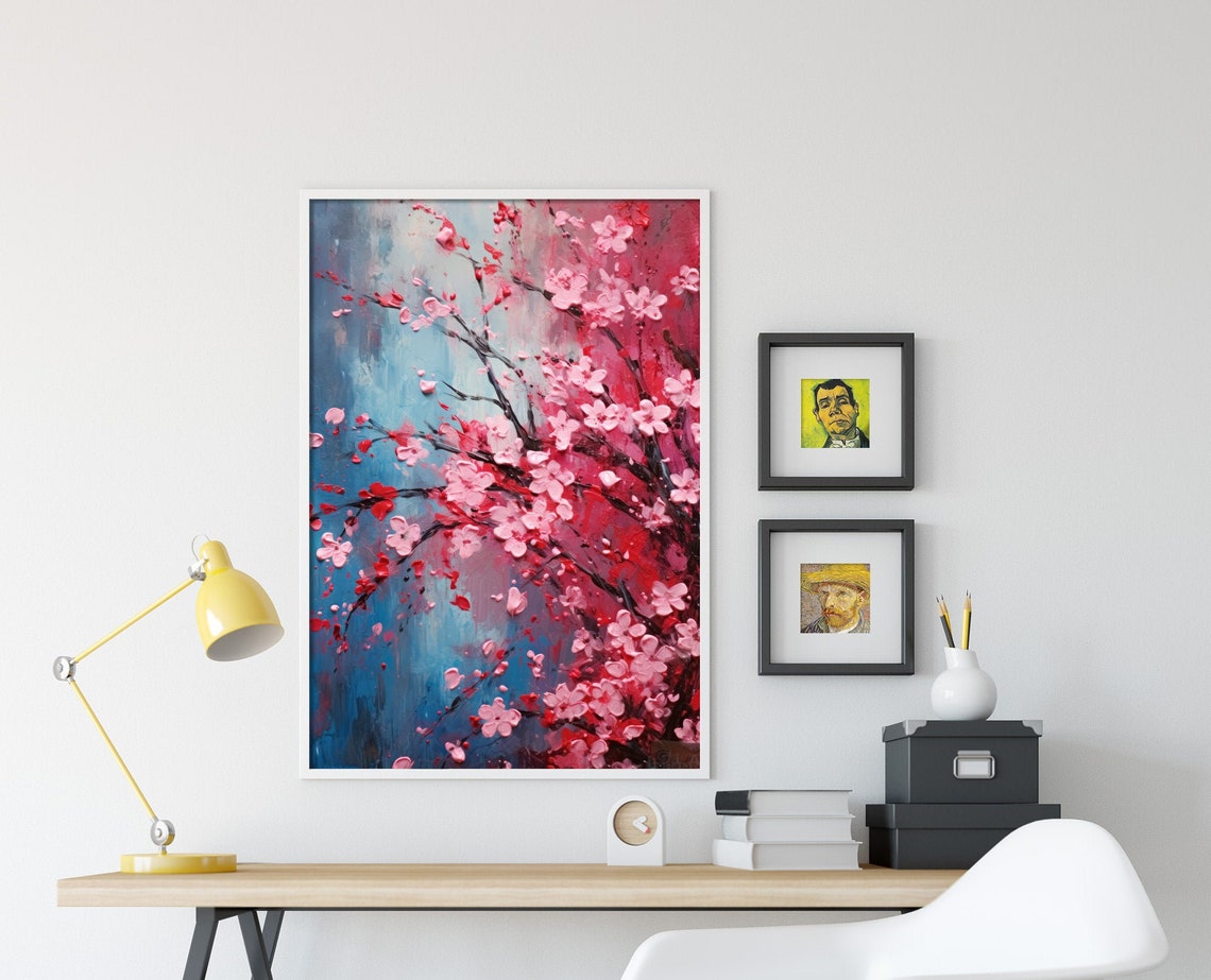 Pink Cherry Blossom Branches Impasto Oil Painting Floral Print - Image 4