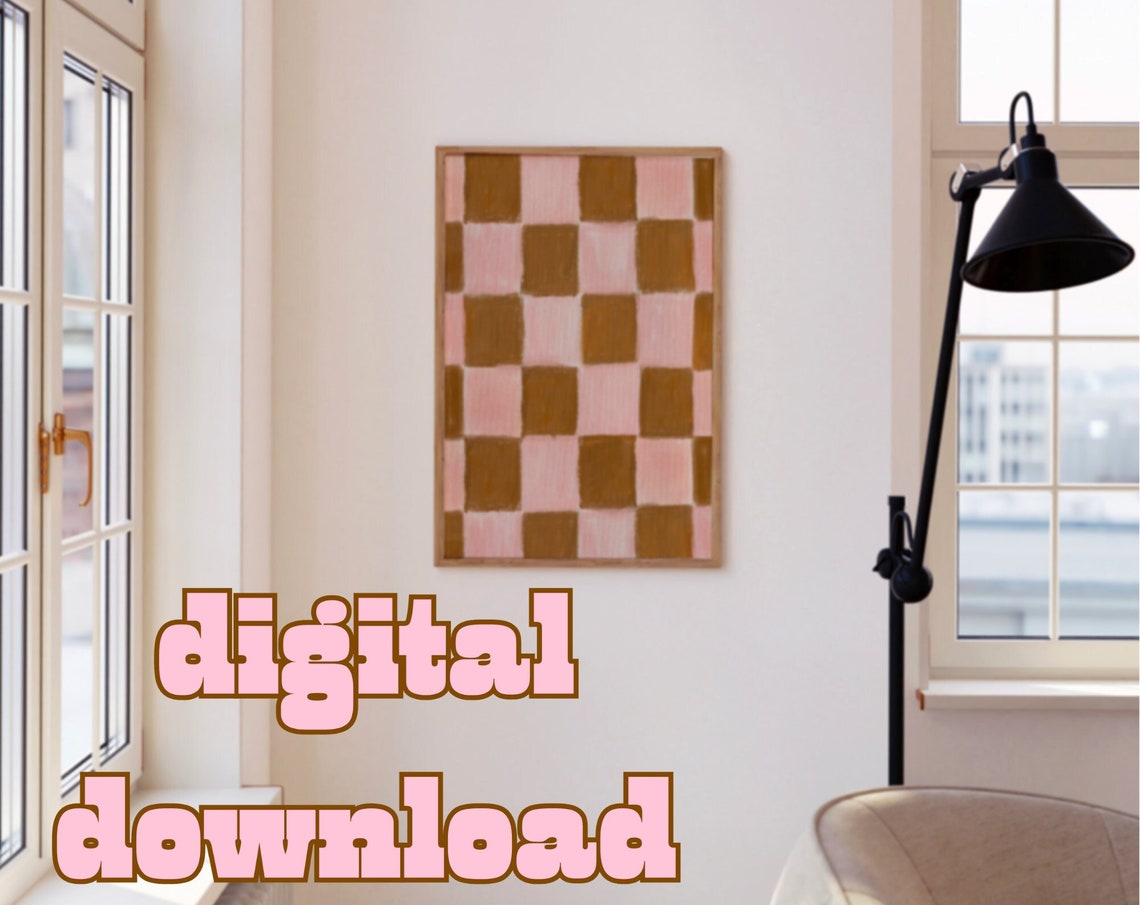 Pink and Tan Hand-Painted Checkerboard Pattern Abstract Art Print - Image 3
