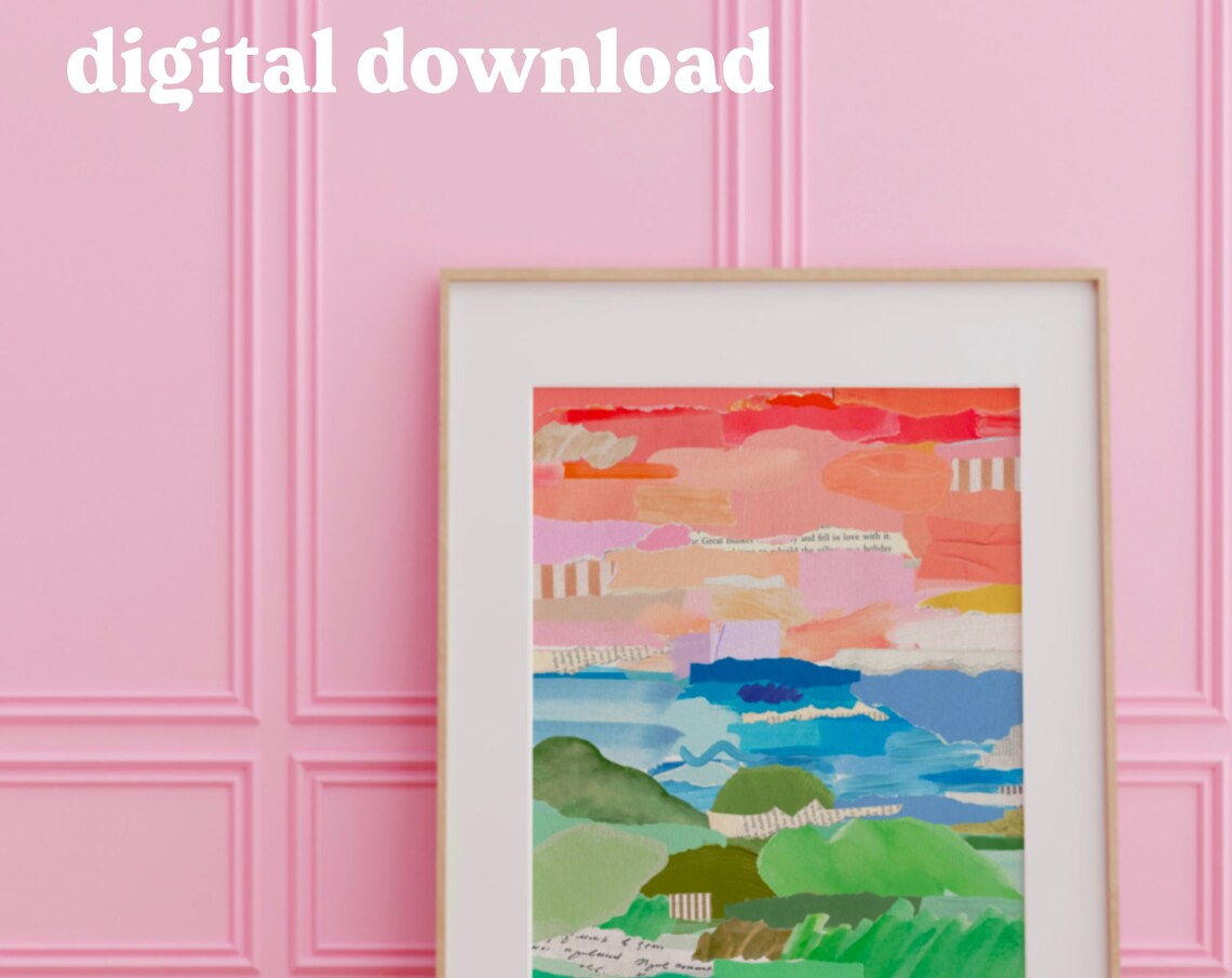 Abstract Torn Paper Collage Sunset in Pink Orange and Green Art Print - Image 2