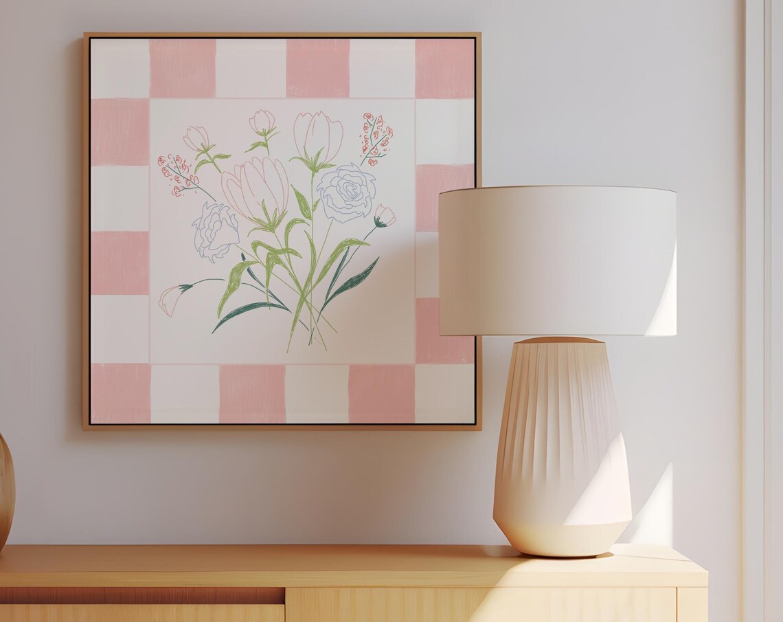 Pink Checkered Border Tulip And Rose Watercolor Bouquet Poster