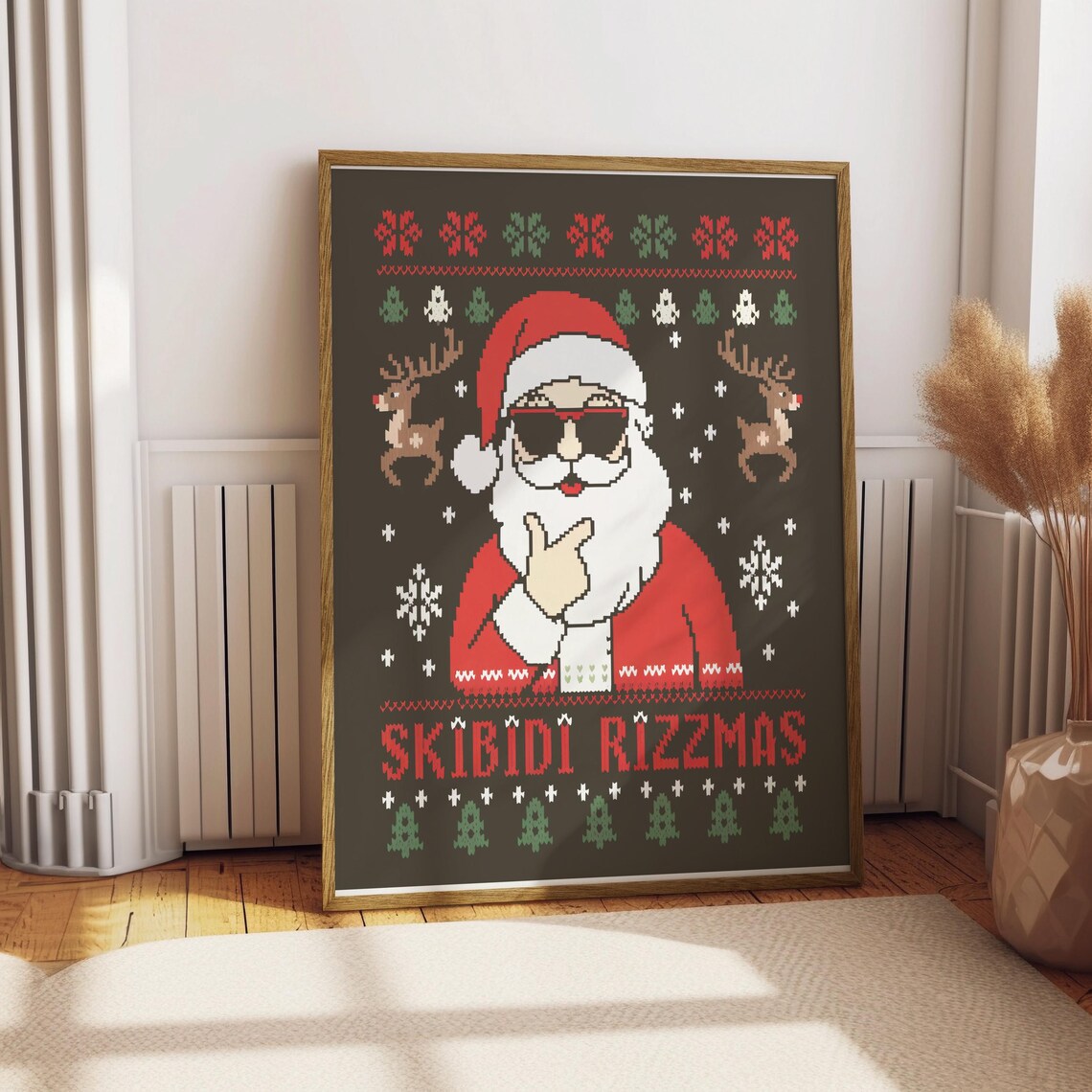 Skibidi Rizzmas Santa Poster Cool Sunglasses Christmas Sweater Art