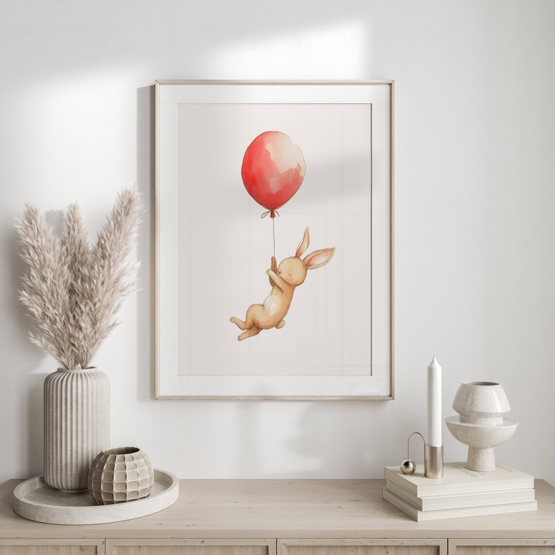 Cute Bunny Holding Red Balloon Watercolor Nursery Animal Poster - Image 2