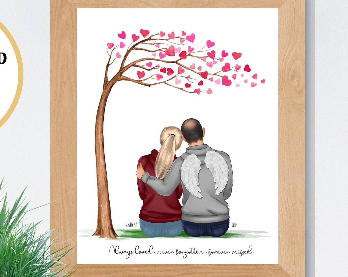 Personalized Dad Memorial Portrait Angel Wings Heart Tree Poster