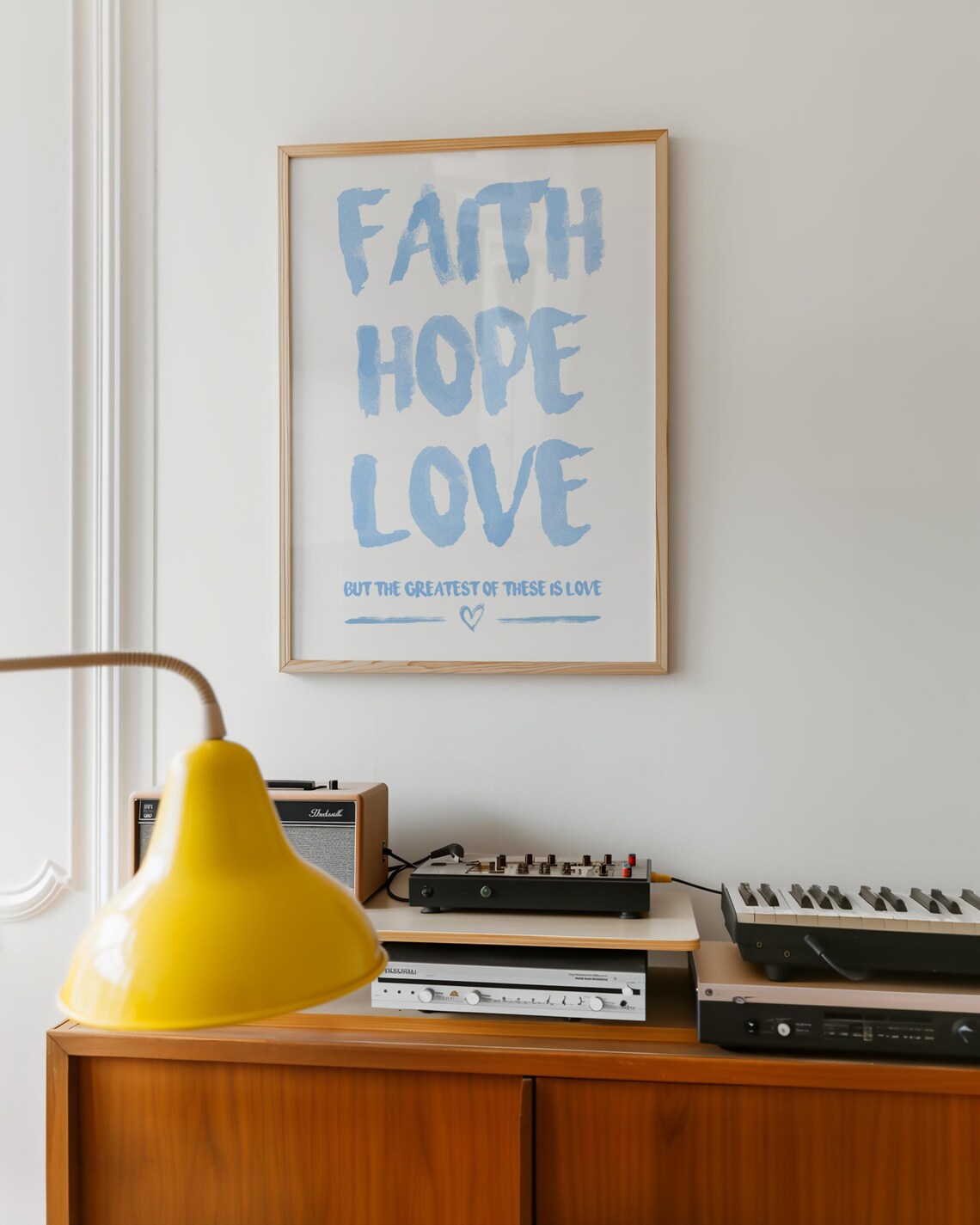 Faith Hope Love Blue Brush Lettering White Scripture Quote Poster - Image 4