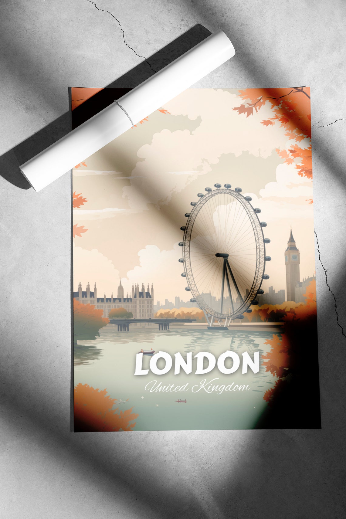 London Eye Big Ben Thames River Autumn Vintage Travel Poster - Image 2