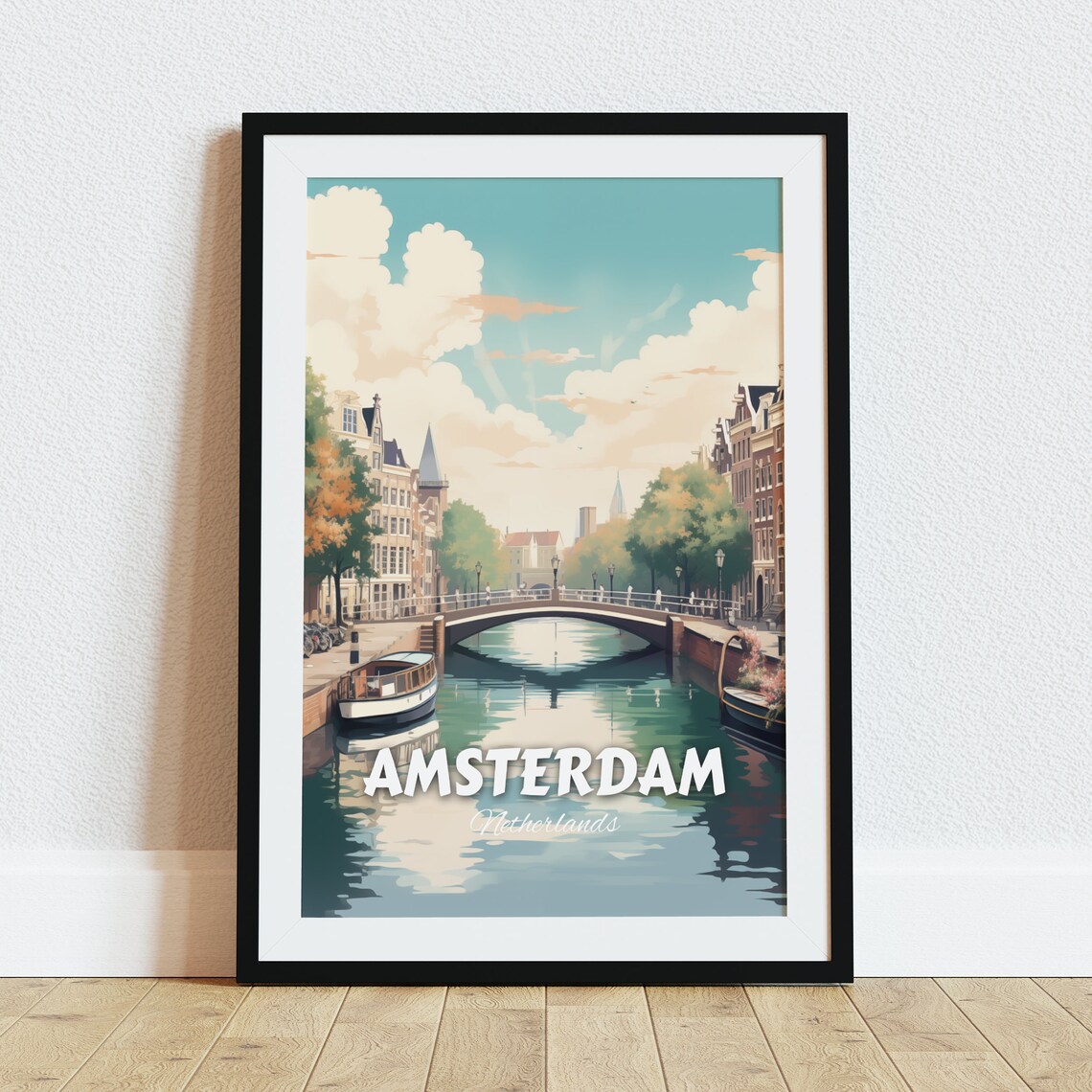 Amsterdam Canal Stone Bridge Boats Retro Vintage Travel Poster