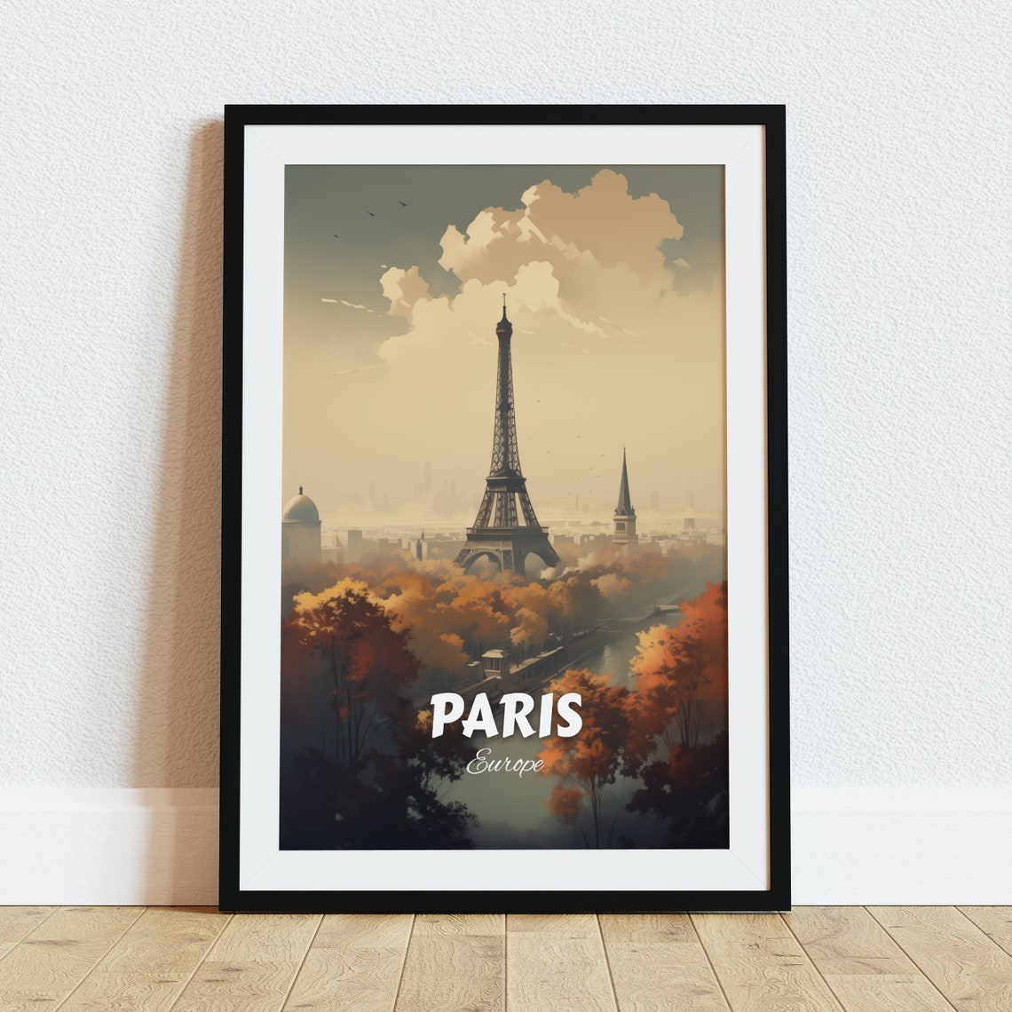 Paris Eiffel Tower Autumn Morning Golden Retro Travel Poster