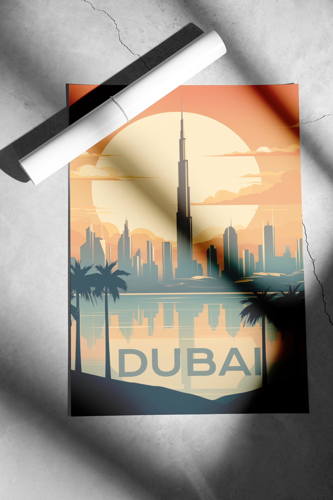 Dubai Burj Khalifa Sunset Skyline Vintage Retro Style Travel Poster - Image 2