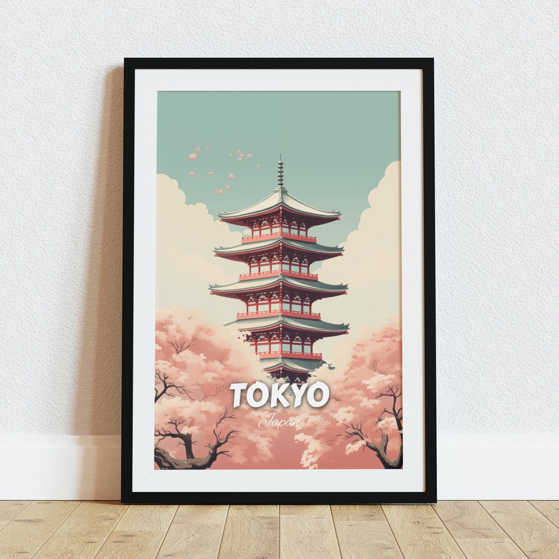 Tokyo Five Story Pagoda Cherry Blossoms Vintage Travel Poster