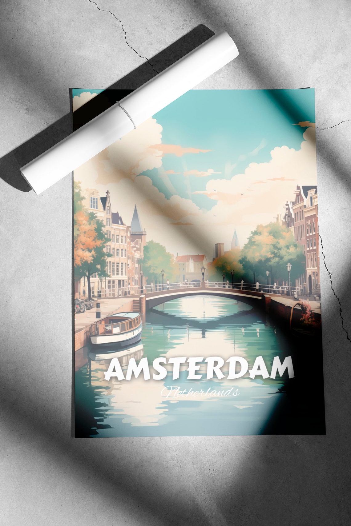 Amsterdam Canal Stone Bridge Boats Retro Vintage Travel Poster - Image 2