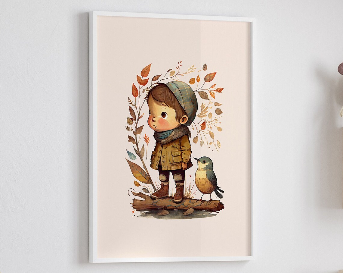 Little Boy and Bird Autumn Illustration Nursery Kids Room Poster - Image 4