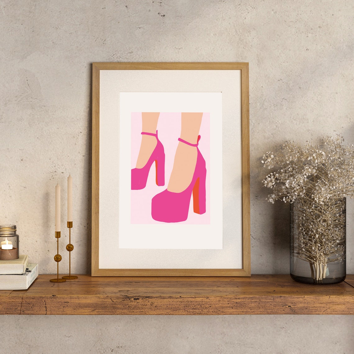 Pink Platform Heels Retro Pop Art Poster for Coquette Room Decor