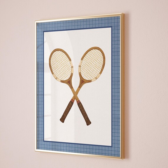 Crossed Vintage Wooden Tennis Rackets Framed in Navy Grid Sports Poster